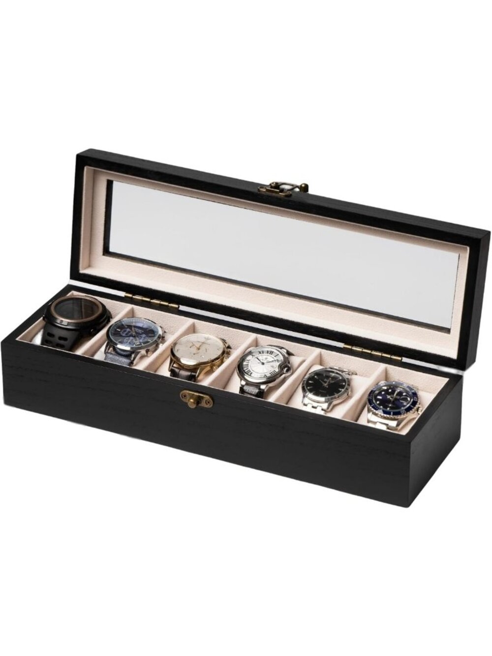 Stylish Wooden Watch Box Organizer with Glass Lid, 6-Slot Storage for Men